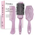 Hair Brush Set For Women - Fiora Naturals Hair Detangler Brush, Round Brush, and Comb Set - Bio-friendly Hairbrushes for Detangling and Blow Drying - For All Hair Types, Natural, Fine & Curly