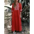 2022 mode coton lin printemps été Boho vacances robe motif broderie cou rouge à lèvres rouge cravate