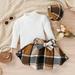 HESHENG Fashion Print Baby Clothes Set for Girl Toddler Long Sleeve Ribbed T Shirt Tops Plaid Skirt Outfits + Hat White 12-18M