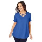 Plus Size Women's Stretch Cotton Crisscross Strap Tee by Jessica London in True Blue (Size S)