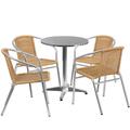 Flash Furniture TLH-ALUM-24RD-020BGECHR4-GG 23 1/2" Round Patio Table & (4) Beige Rattan Arm Chair Set - Stainless Top, Aluminum Base, Stainless Steel