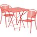 Flash Furniture CO-28SQF-03CHR2-RED-GG 28" Square Folding Patio Table & (2) Round Back Arm Chair Set - Steel, Coral