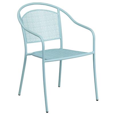 Flash Furniture CO-3-SKY-GG Outdoor Stackable Armchair w/ Curved Round Back - Steel, Sky Blue, Rounded Back, Rain Flower Pattern