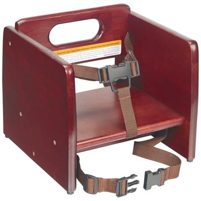 Winco CHB-703 Single Height Booster Seat w/ Waist & Chair Strap - Wood, Mahogany, Waist and Chair Straps, Brown