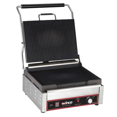 Winco EPG-1C Single Commercial Panini Press w/ Cast Iron Grooved Plates, 120v, Stainless Steel