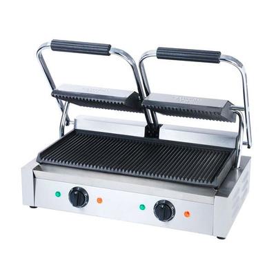 Adcraft SG-813 Double Commercial Panini Press w/ Cast Iron Grooved Plates, 120v, Stainless Steel