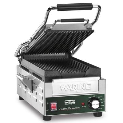 Waring WPG200 Single Commercial Panini Press w/ Cast Iron Grooved Plates, 120v, Self Adjusting Top Plate, Stainless Steel
