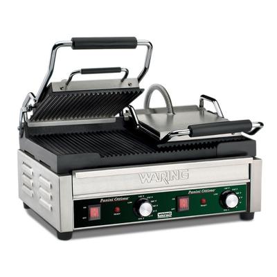Waring Double Commercial Panini Press - Cast Iron Grooved Plates, 17" x 9.25" Cooking Surface, Stainless Steel, 240v, WPG300