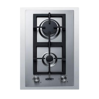 Summit GCJ2SSLPTK15 15"W Gas Stove w/ 2 Burners - Stainless Steel, Convertible, Push-to-Turn Knob, Cast Iron Grate, Silver, Gas Type: Convertible, 115 V