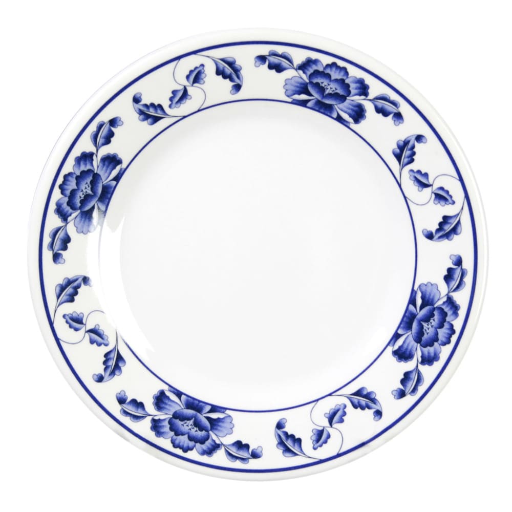 Thunder Group 1010TB 10 3/8" Round Lotus Plate - Melamine, White/Blue, 12/Pack
