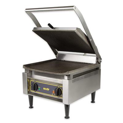 Equipex PANINIXL G/G Single Commercial Panini Press w/ Cast Iron Grooved Plates, 208-240v/1ph, Grooved Cast Iron Plates, 14" x 14" Cooking Surface, Stainless Steel