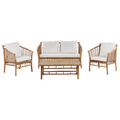 Lounge Set Hellbraun Bambusholz Auflagen Weiß Stoff 2-Sitzer Sofa mit 2 Sesseln und Couchtisch Modern Rustikal Garten Terrasse Outdoor