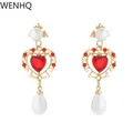 WENHQ – boucles d'oreilles à Clip en forme de cœur pour femmes couleur or rouge strass perle