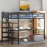 Twin Size Metal Loft Bed for Juniors Industrial Steel High Loft Bed with Desk and Stairs, Steel Black Loft Bed for Small Space