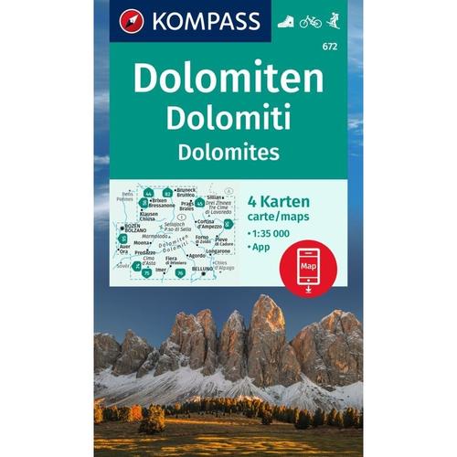 Kompass Wanderkarten-Set 672 Dolomiten, Dolomiti, Dolomites (4 Karten) 1:35.000, Karte (im Sinne von Landkarte)