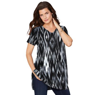 Plus Size Women's Short-Sleeve V Neck Ultimate Tunic by Roaman's in Black Ikat Diamonds (Size 4X) Long T-Shirt Tee