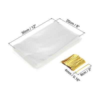 Clear Plastic Bags 12"x8" with 3" Foil Twist Ties Gold Tone 100 Set - Gold Tone