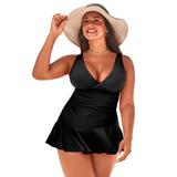 Plus Size Women's Plunge Ruffle Swimdress by Swimsuits For All in Black (Size 12)