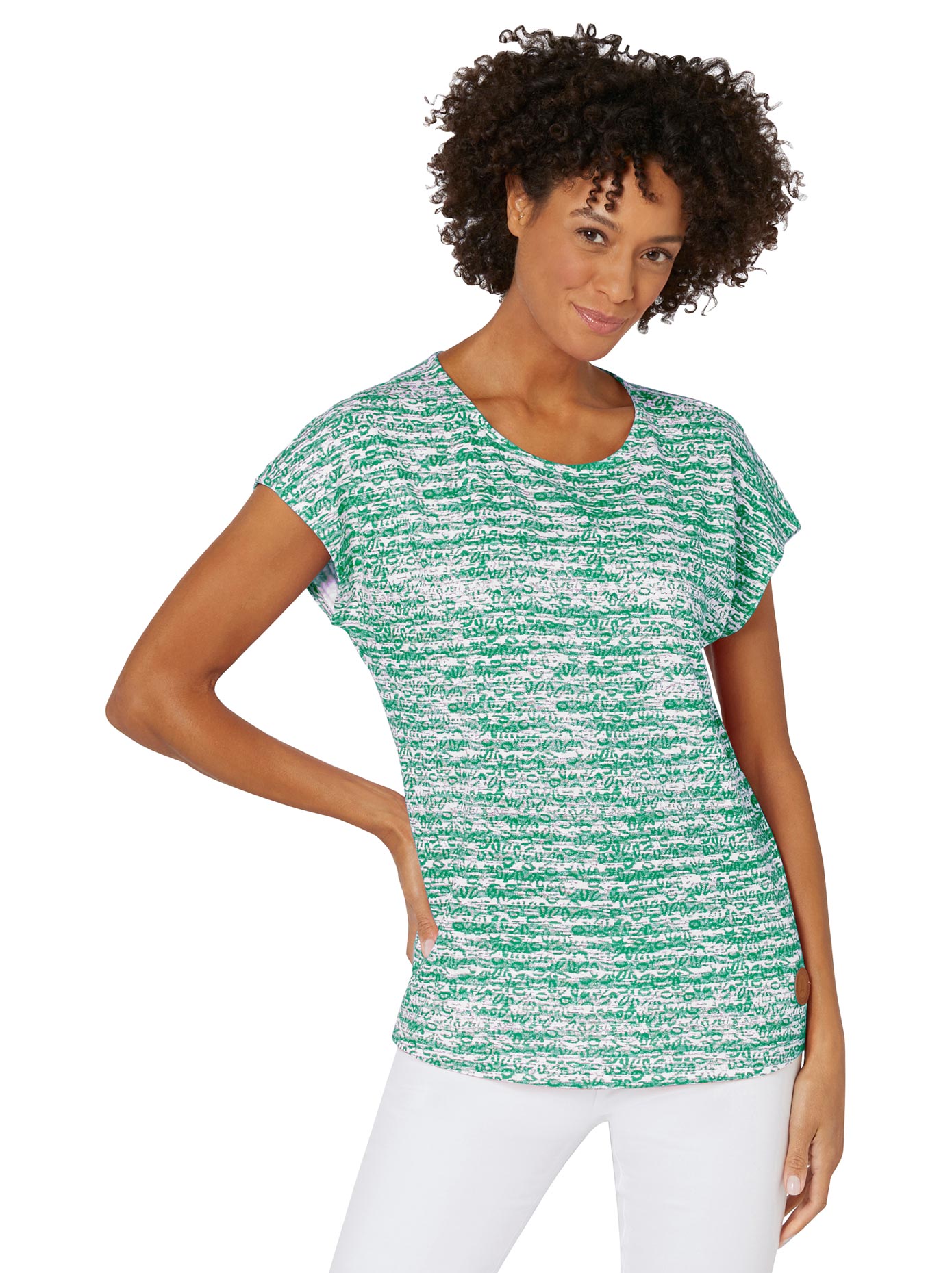 Kurzarmshirt CASUAL LOOKS "Shirt", Damen, Gr. 46, grün (grün, ecru, geringelt), 50% Baumwolle, 50% Modal, gemustert, mehrfarbig, Rundhals, Shirts