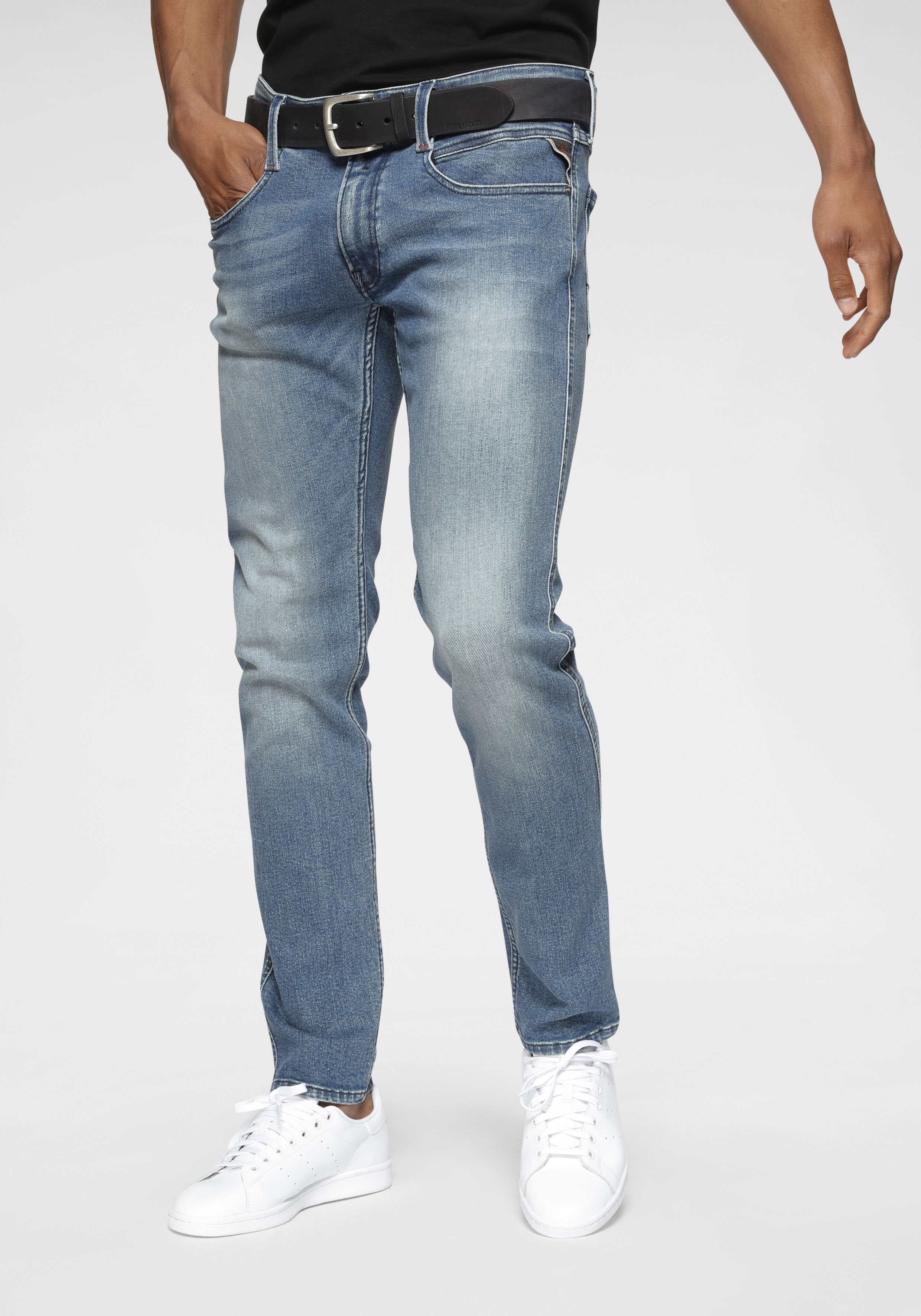 Slim-fit-Jeans REPLAY "Anbass Superstretch", Damen, Gr. 34, Länge 32, blau (medium, blau, mid), Denim/Jeans, Obermaterial: 94% Baumwolle, 4% Elastomultiester, 2% Elasthan, slim fit lang, Jeans Slim-fit-Jeans, elastisch, Topseller