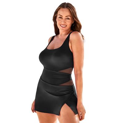 Plus Size Women's Square Neck Mesh Cut Out Swimdress by Swimsuits For All in Black (Size 18)