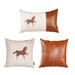 Boho Embroidered Horse Handmade Set of 3 Throw Pillow 12" x 20" & 18" x 18" Vegan Faux Leather Solid Beige & Brown