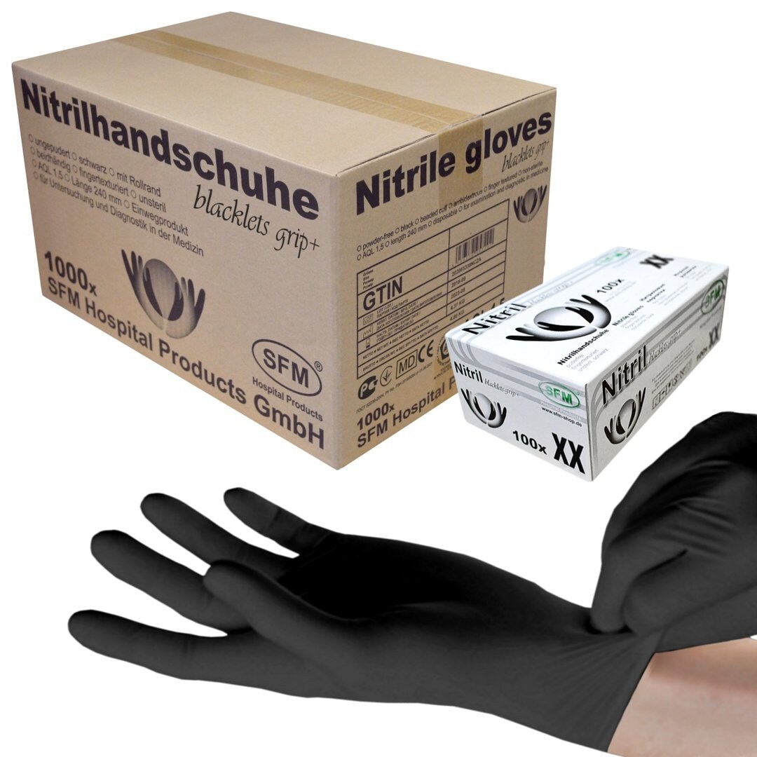 SFM ® BLACKLETS GRIP+ : M Nitrilhandschuhe puderfrei F-tex schwarz (1000) Image