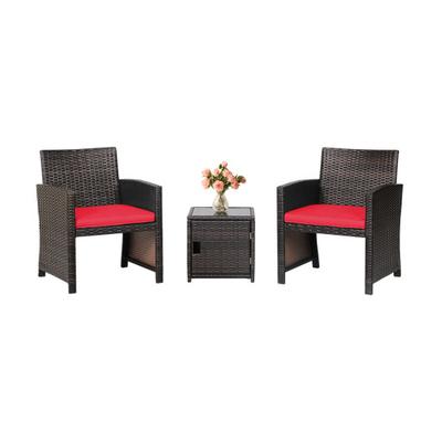 Costway 3 Pieces Patio Wicker Furniture Set with Storage Table and Protective Cover-Red