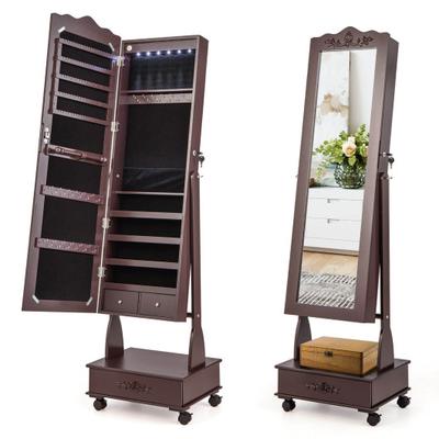 Costway Rolling Floor Standing Mirrored Jewelry Armoire with Lock and Drawers-Brown