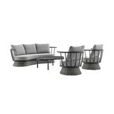 Monk 4 Piece Outdoor Patio Furniture Set in Black Aluminum and Grey Wicker with Grey Cushions