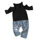 JDEFEG Welcome New Baby Girl Toddler Kids Baby Girls Long Sleeve Ribbed T Shirt Tops Hole Crop Denim Jeans Long Pants 2Pcs Outfits Clothes Set Baby Girl Three Piece Set Cotton Black 100