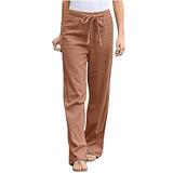 Dadaria High Waisted Wide Leg Pants for Women Petite Solid Color Linen Sashes Straight Long Pants Trousers Khaki S Female