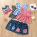 JDEFEG Cute Girls Clothes for Teens Girls Denim Toddler Tops+Ripped Outfits Ruffled Floral Baby Summer Button Shorts Girls Outfits&Set Cute Baby Clothes Uncles Cotton Blend Blue 110