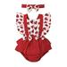 Baby Girls Cotton Heart Printed Romper Set Ruffle Sleeve Bowknot Decor With Headband