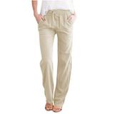 Dadaria Wide Leg Linen Pants for Women Petite Length Loose Cotton Linen with Pocket Solid Trousers Pants Beige XL Female