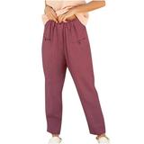Dadaria Linen Pants for Women Beach Petite Loose Cotton Linen Ladies Solid Elastic Waist Wide leg Button Pants Wine XL Female