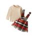 2Pcs Kids Toddler Girls Dress Sets Long Sleeve Knit T-shirt + Plaid Suspender Dress Fall Outfits