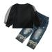 JDEFEG Come Baby Toddler Kids Baby Girls Puff Sleeve Lace Ribbed T Shirt Tops Denim Jeans Long Pants 2Pcs Outfits Clothes Set Baby Blanket Boy Cotton Black 100