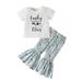 JDEFEG Girls Clothes Size 14-16 Outfits Toddler Girls Short Sleeve Cartoon Printed T Shirt Pullover Tops Bell Bottoms Pants Kids Outfits Cute Clothe Teen Girl Cotton Blend White 120