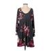 Sweet Lovely by Jen Casual Dress - Mini Plunge Long sleeves: Gray Floral Dresses - Women's Size Small