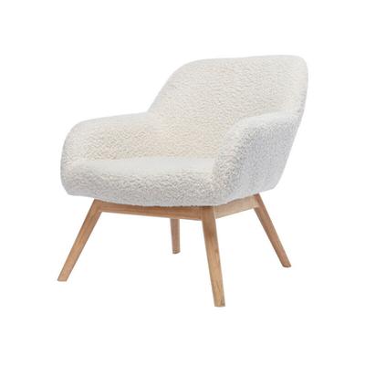 Malmo, Fauteuil lounge en tissu bouclé écru et hévéa naturel - Blanc