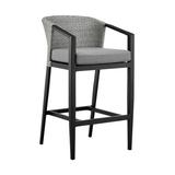Armen Living Palma Outdoor Patio Bar Stool in Aluminum and Wicker with Grey Cushions
