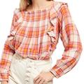 Free People Tops | Free People Womens Ruffled Cut Out Plaid Long Sleeve Square Neck Top, Medium | Color: Orange/Pink | Size: M/Pink/Orange Plaid
