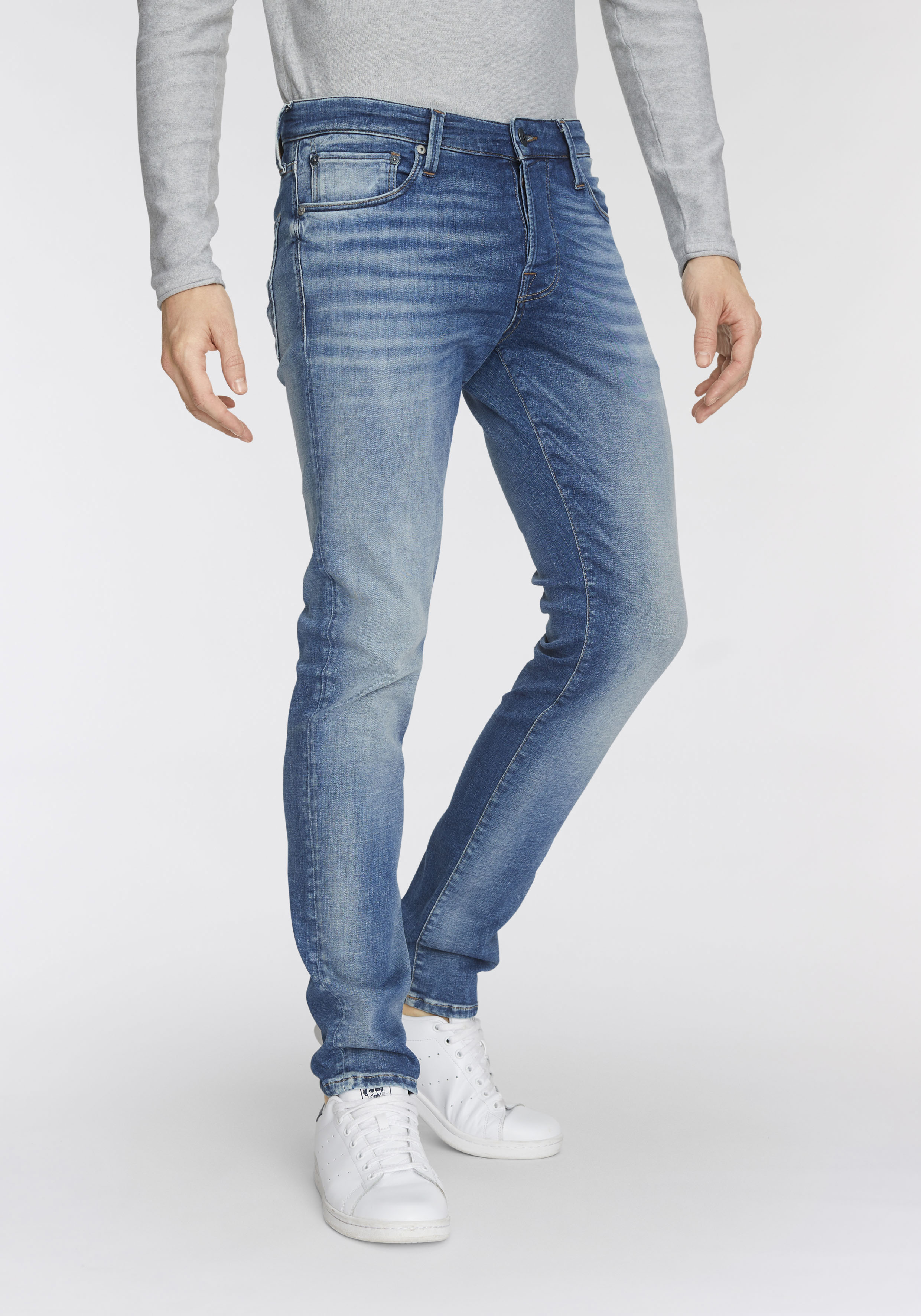 Slim-fit-Jeans JACK & JONES "JJIGLENN JJICON JJ 619 50SPS NOOS", Herren, Gr. 27, Länge 32, blau (light, blau, used), Denim/Jeans, Obermaterial: 92% Baumwolle, 8% Elasthan, Abriebeffekte, slim fit knöchellang, Jeans Slim-fit-Jeans, mit...