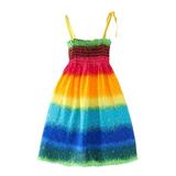 JDEFEG Kid Rompers for Girls Toddler Kids Girls Floral Bohemian Rainbow Flowers Sleeveless Beach Straps Dress Princess Clothes Cute Long Dresses for Girls Polyester Blue 110