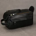 Sac cosmétique en cuir véritable noir pour hommes et femmes sac de lavage sac de rangement