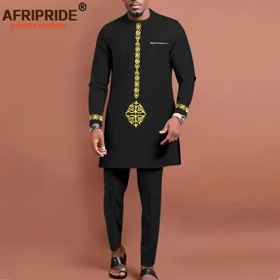 Bazin Riche-Costume Africain pour Homme Ensemble Chemise et Pantalon Brodés Manches sulf Tenue