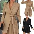 Robe blazer plissée pour femme poche épissée haussement d'épaules coréen cranté simple