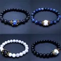 Bracelet en acier inoxydable Lapis Lazuli naturel délicat perlé couronne ronde bleu foncé or 1