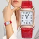 Montre-bracelet en cuir rouge pour femmes cadran carré boîtier en or rose horloge décontractée